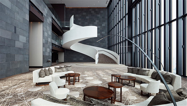 日本著名设计师桥本夕纪夫将大阪康莱德向打造成一座“空中之城”。挑高2层的开阔空间，采用了整面玻璃外墙，俯瞰而下，繁华的城市风景尽收眼底。