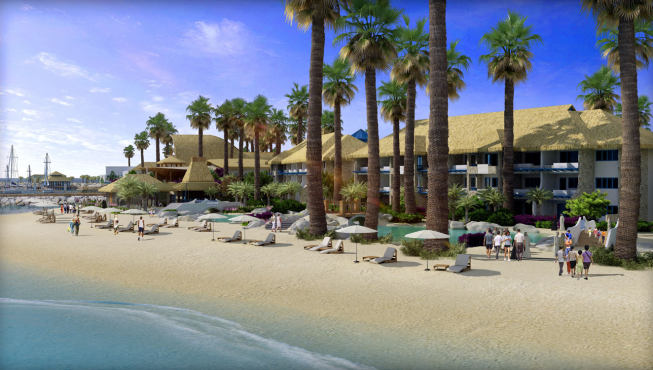 客人可以漫步在酒店的人造沙滩，享受最奢侈的漫步。