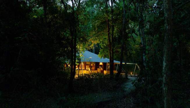 这个帐篷天幕式的房间，在夜里总能感受到室外自然的声音，连树叶落在篷顶上都可以清楚听到，听它坠落后沿着斜面慢慢落下，有一种睡在大自然之下的感觉。