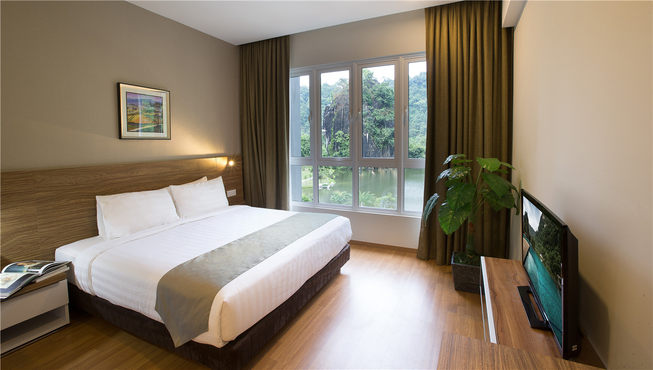 套房设计宽敞舒适，可抱览湖泊和石岩壁的景色