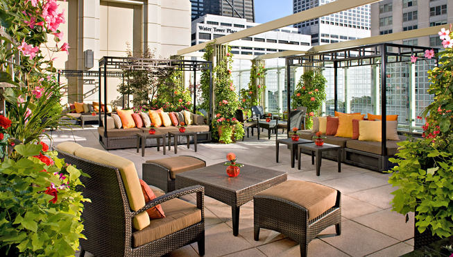 上海露台餐厅的露台，周围布置的藤蔓植物，让您很好地享受室外用餐时光。